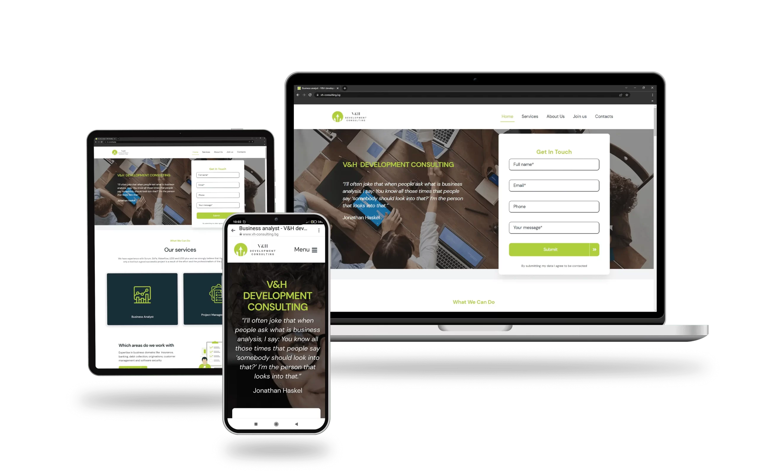 Изработка на уеб сайт за бизнес консултации с responsive дизайн за мобилни устройства, таблет и десктоп.